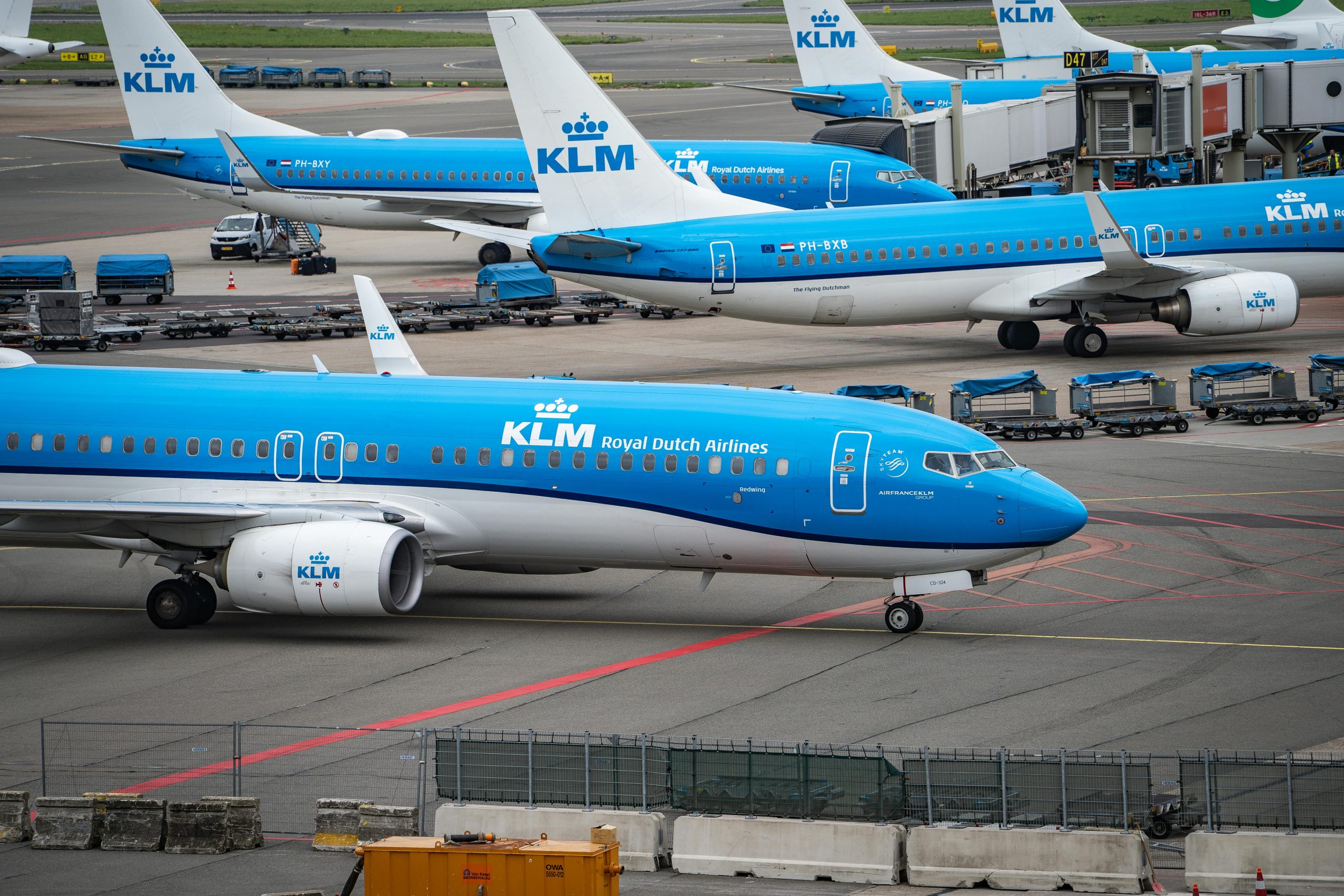 Multiple KLM airplanes parked at Schiphol Airport, ready for departure.